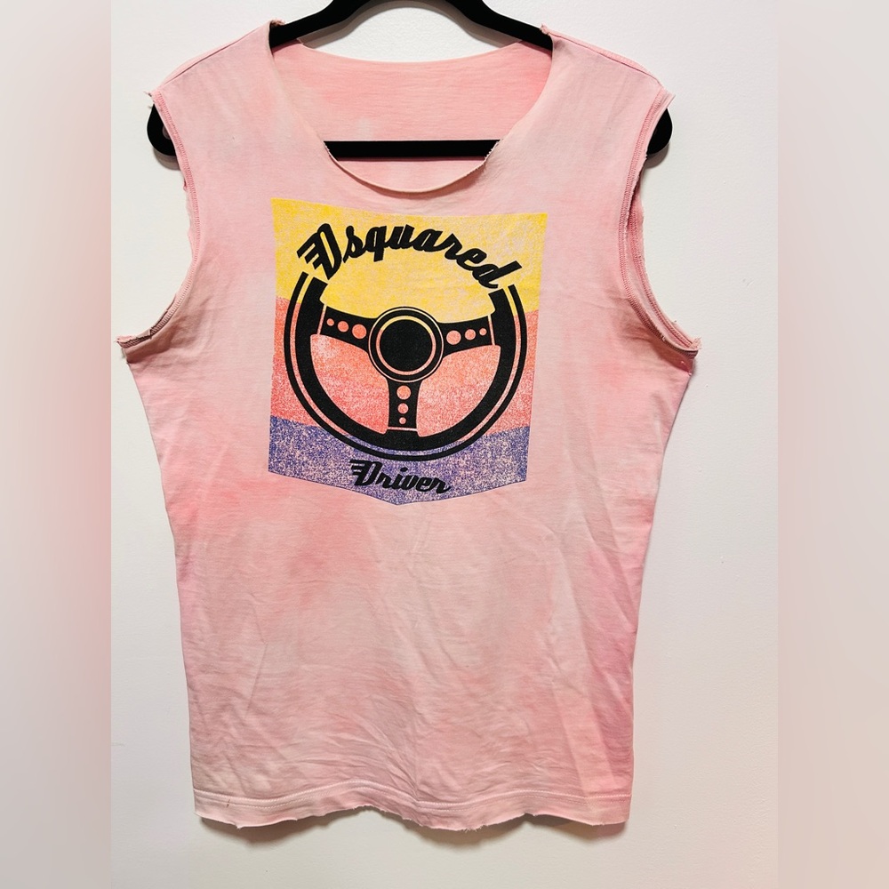 DSQUARED Vintage Pink Sleeveless Distressed “DRIVER” Wheel Logo T-Shirt Mens S